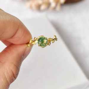 Bague en argent sterling 925 plaqué or 14 carats avec agate mousse, bague en pierre précieuse inspirée de la nature pour femmes, bijoux faits à la main, cadeau - Product Image 2