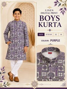 Ropa Tradicional Étnica para Niños de 0 a 14 Años, Estampado Digital en Lino, Sin Arrugas, Largo hasta la Rodilla, Corte Regular, Estilo India/Pakistán - Product Image 3