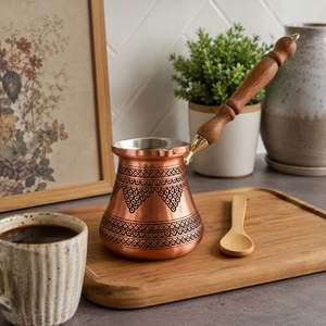 Cafetera Turca de Cobre Hecha a Mano, Tradicional, Grabada, Cezve Ibrik, Cafetera Árabe para Estufa con Mango Largo de Madera - Product Image 2