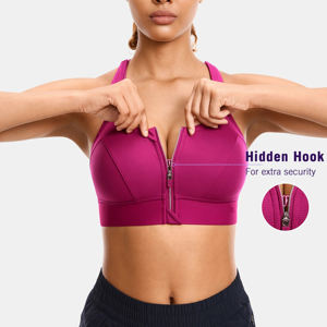 Women Solid Pink Sports Bra Zipper Front Halter V-neck Seamless Breathable Crop <b>Top</b> High Waist Shorts Yoga Set Workout - Product Image 4