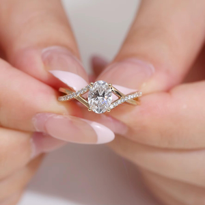 Oval Cut Moissanite Split Shank Engagement <b>Ring</b>, Twisted Pave Diamond Band <b>Ring</b>, Elegant Gold <b>Statement</b> <b>Ring</b> for Women - Product Image 4