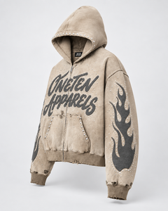 ONETEN APPARELS Sudadera con capucha extragrande para hombre, con cremallera, 100% algodón, diseño de aplique de llama, color beige, estilo urbano de invierno - Product Image 3