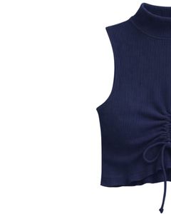 Débardeur court côtelé bleu marine à col montant sans manches avec cordon de serrage ajustable et fronces sur le devant, coupe ajustée pour femme, tenue décontractée - Product Image 2