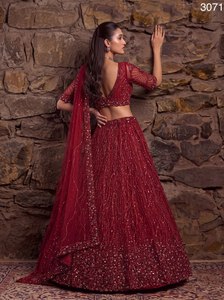 Burgundy Beaded Lehenga Set <b>Sequin</b> Mesh Dupatta Sleeveless Banarasi Style Evening Dress for Wedding Party For Women Wear - Product Image 5