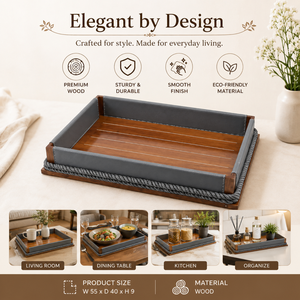 Plateau décoratif en bois de luxe avec côtés recouverts de cuir et corde |   Organisateur de table basse pour une décoration intérieure élégante - Product Image 5