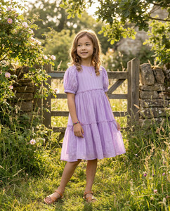 Vestido de niña lavanda con mangas abullonadas y volantes, corte A, hasta la rodilla, color liso, de algodón y lino transpirable, estilo princesa, para verano - Product Image 1