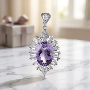 Magnifique pendentif en argent 925 plaqué rhodium pour femme, améthyste naturelle taille ovale, serti griffes, idéal pour le quotidien, bijou raffiné, cadeau - Product Image 3