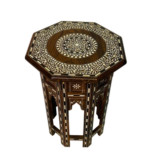 Table d'appoint octogonale en bois avec incrustations d'os, style marocain, finition bois massif, pour salon - Product Image 1