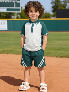 Fashionable Boys Summer Dark Green Casual Jersey Short-Sleeve TEE & Shorts Set ODM White Striped Shorts for Casual Outings - Product Image 6