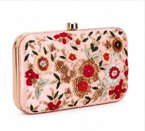 Elegant Pink Embroidered Floral Clutch With <b>Sequins</b> Women's Satin Party <b>Handbag</b> Lock Closure - Product Image 3