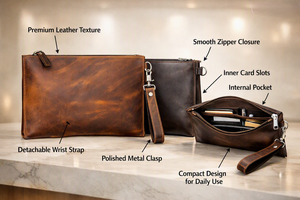 WRIZA premium brown leather clutch bag with detachable wrist strap polished <b>metal</b> clasp smooth zipper closure elegant daily use - Product Image 4