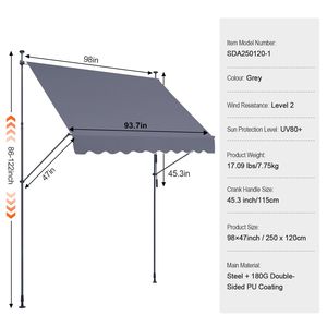 Tenda da Sole Retrattile per Patio Sunsetter 98 x 47 Pollici con Manovella Manuale, Tettoia Parasole per Esterni - Product Image 3