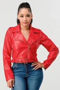 <b>Red</b> PU Leather Moto Jacket Slim Fit Turn-down Collar Zipper Closure <b>Belted</b> Short Length Solid Color Autumn Style - Product Image 3