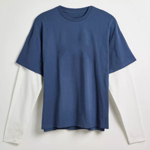 เสื้อยืดคอกลมชายแขนสั้นสองชั้น แต่งแขนตัดสี ทรงปกติ ผ้าฝ้าย 100% ระบายอากาศได้ดี สำหรับผู้ชาย - Product Image 3