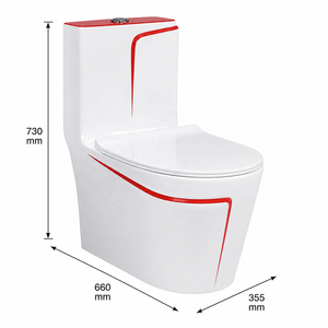 Inodoro Contemporáneo de Una Pieza con Línea Decorativa Roja, Descarga por Arrastre, Montado en el Suelo - Product Image 4