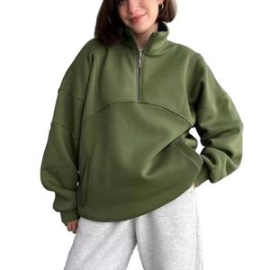 Jersey con logotipo personalizado para mujer, sudadera de gran tamaño de rizo pesado con media cremallera, otoño 2025, bordado liso teñido - Product Image 1