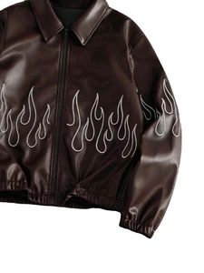 Veste en cuir streetwear personnalisée pour homme, avec motif flamme brodé, vestes en cuir OEM, grandes tailles, vestes en cuir tendance hip-hop - Product Image 5