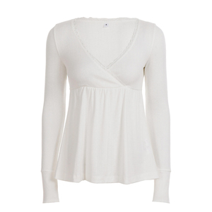Haut en tricot blanc à col en V et manches longues pour femme avec bordure en dentelle, tenue décontractée - Product Image 5