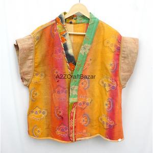 Handmade Vintage Kantha Kimono Wrap with Belt Short Sleeve Reversible Multicolor Women's Jacket 100% Organic Cotton Eco-Friendly - Product Image 4