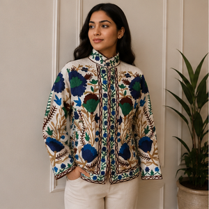 Veste en velours de coton Suzani crème d'inspiration vintage pour femme, broderie florale multicolore, manteau de caractère, fournisseur en gros - Product Image 1