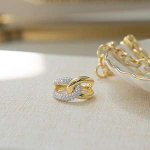 Two-tone Silver Pave Cubic Zirconia Inter-twined Cuff Design Cuban Chain Link <b>Chunky</b> Interlocking Loop Wedding Engagement <b>Ring</b> - Product Image 6