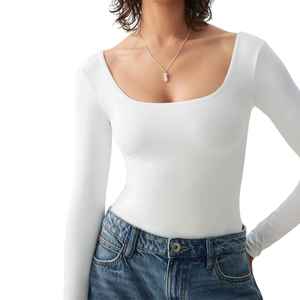 Body côtelé personnalisé pour femme, col rond, manches longues, coupe haute, couleur unie, décontracté, extensible dans les quatre sens, bretelles réglables - Product Image 2