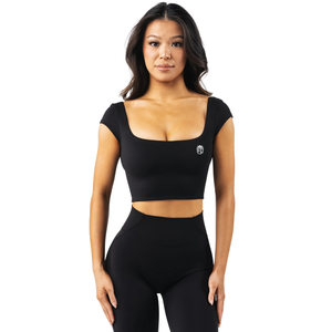 Top Corto de Manga Corta para Mujer, Negro, Elástico, Tela Suave y Lisa, Cuello Cuadrado, Deportivo, Informal, Ropa Deportiva, Ropa de Gimnasio - Product Image 1
