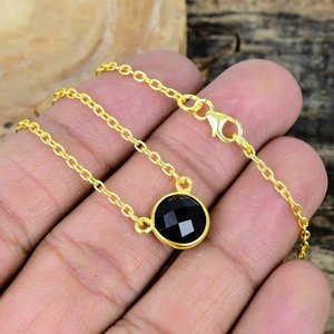 Natural <b>Black</b> Onyx Round Shape Charm Gemstone <b>Chain</b> Necklace 18k Gold Micron Over 925 Sterling Silver - Product Image 3