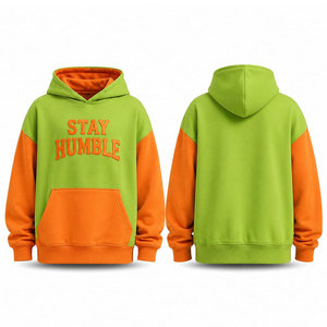 Sweat-shirt à capuche pour homme, vert et orange, avec blocs de couleur, imprimé en relief, logo Stay Humble, coupe oversize, décontracté, avec poche, capuche embossée - Product Image 1