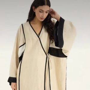 Vestido Largo Maxi Vintage Beige para Mujer, Ecológico, Antiestático, de Algodón Transpirable, con Patrón Liso Teñido - Product Image 2