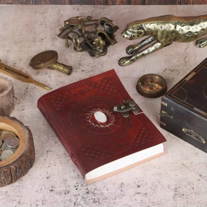 Organisateur de journal artisanal en cuir véritable vintage, motif chakra en pierre blanche et bleue gaufré, 7x5 pouces - Product Image 1