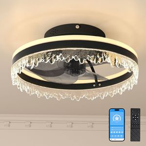 Ventilateur de plafond moderne 16'' LED en fer noir avec lumière, design cristal, silencieux, télécommande, température de couleur réglable, invisible - Product Image 2