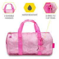 Sac de sport en polyester imprimé violet avec paillettes, logo de cheerleading sur le devant, fermeture éclair, équipement de danse pour enfants, design personnalisé pour la cheerleading