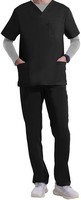 Haut de blouse médicale noir pour homme à col en V avec poches avant, uniforme d'hôpital, tissu tissé en mélange coton-polyester