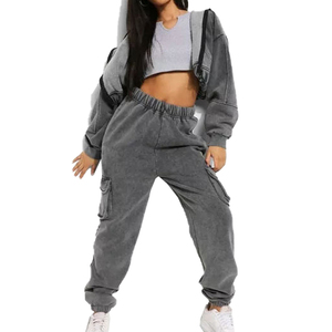 Ensemble de survêtement pour femme, haut court et pantalon de survêtement, avec cordon de serrage, décontracté, pour l'automne, coupe classique, couleur unie - Product Image 3