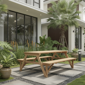 Ensemble de table à manger de pique-nique moderne en teck naturel avec structure en bois massif pour usage extérieur dans une villa, une salle de sport ou une ferme - Product Image 6