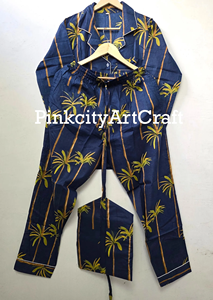 Handcrafted Luxury Cotton Nightwear Tropical Palm Tree Print Indigo Blue Pajama Set Contrast Piping Comfortable Summer Autumn - Product Image 2