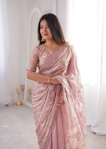 Wholesale Luxury Silk Saree with Embroidered Sequin Work | Stitched Readymade Blouse XXL 44 Inch - Product Image 6