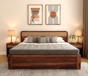 Cama de Madera Sheesham con Cajones de Almacenamiento y Cabecera con Detalles de Mimbre, Tamaño King, Acabado en Teca, Cama de Madera Sólida, India - Product Image 1