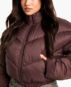 Veste matelassée unie pour femme, marron, à capuche, manches longues, fermeture éclair, hiver, épaisse, en polyester, tissu tissé, doublure en coton - Product Image 6