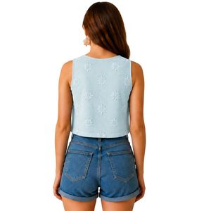 Top Corto Azul Claro con Bordado Floral para Mujer, Chaleco de Verano sin Mangas de Algodón, Logotipo Personalizado, Moda Casual Urbana - Product Image 2