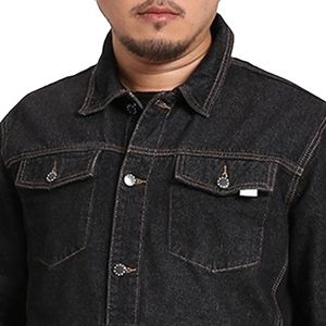 Men's Black Denim Jacket Casual Button Front Solid Color Regular Fit Stonewashed Cotton Autumn Winter Wear - Product Image 5
