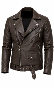 Men's Brown Leather Moto <b>Jacket</b> <b>With</b> <b>Zipper</b> Closure Turn-down Collar Belted <b>Pockets</b> - Product Image 1