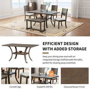 Ensemble de table à manger en bois 6 pièces avec étagère de rangement et pieds courbés, ensemble de table de cuisine, banc, 4 coussins amovibles, ensembles de salle à manger - Product Image 3
