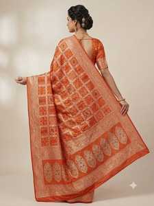 Traditional Indian BANARASI KATAN Silk <b>Saree</b> For Women <b>Orange</b> With Geometric Patterns Wedding Wear Floor Length Regular Fit - Product Image 5