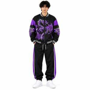 <b>Men</b>’s Black Purple Dragon Print Bomber Jogger <b>Set</b> Custom tracksuit Streetwear Sportswear - Product Image 1