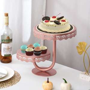 Support à gâteau rose, outils de décoration, support à gâteau en métal à 2 niveaux pour la décoration de fêtes et de mariages, support à gâteau pour événements contemporains - Product Image 1