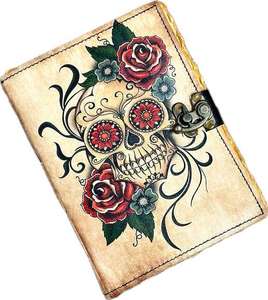 Carnet de notes gothique en cuir à spirale, livre de sorts vintage avec bords festonnés, papier coton, motifs crâne et tarot, cadeau - Product Image 3