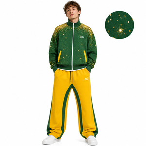 Ensemble de sweats à capuche zippés Y2K personnalisés avec strass, blocs de couleur, en molleton épais, coupe oversize, et pantalon de survêtement large, style sportif - Product Image 1
