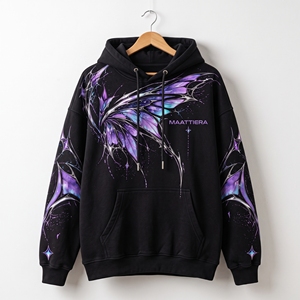 Sweat-shirt à capuche MAATTIERRA noir et violet avec motifs cosmiques abstraits, coupe oversize en polaire, style streetwear, vente en gros - Product Image 6
